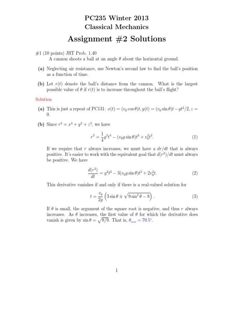 Classical Mechanics Assignment 2 Solutions | PDF | Tension (Physics ...