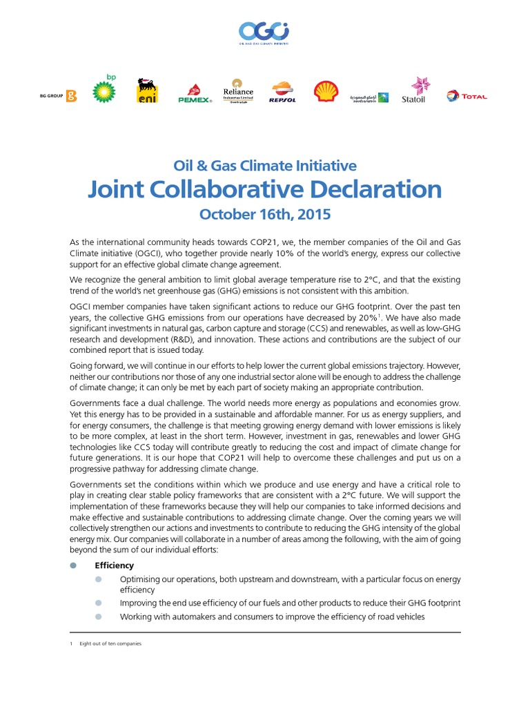 OGCI Climate Action Declaration 2015 | PDF | Greenhouse Gas | Natural Gas