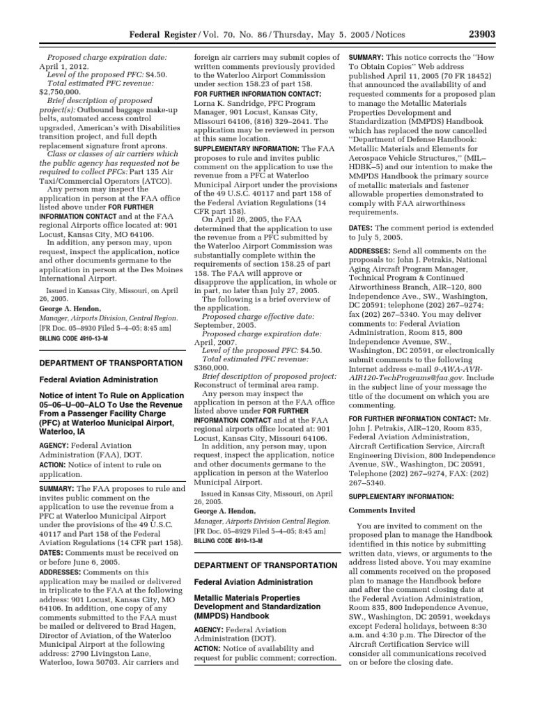 Notice Passenger Facility Charges Applications, Etc. Metallic