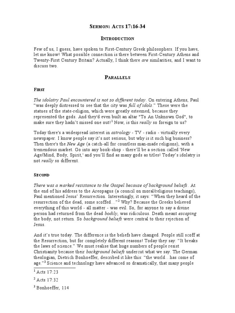 Short Sermon On Acts 17 16 34 Resurrection Of Jesus Idolatry
