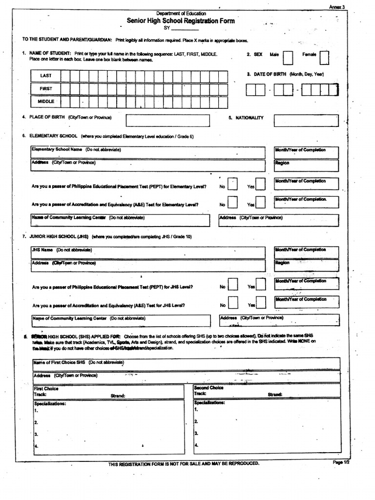 Shs Registration Form Sample 2 | PDF