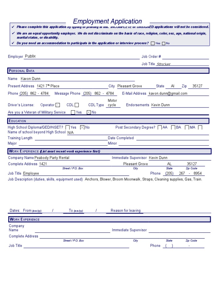 Publix Application PDF Employment Business