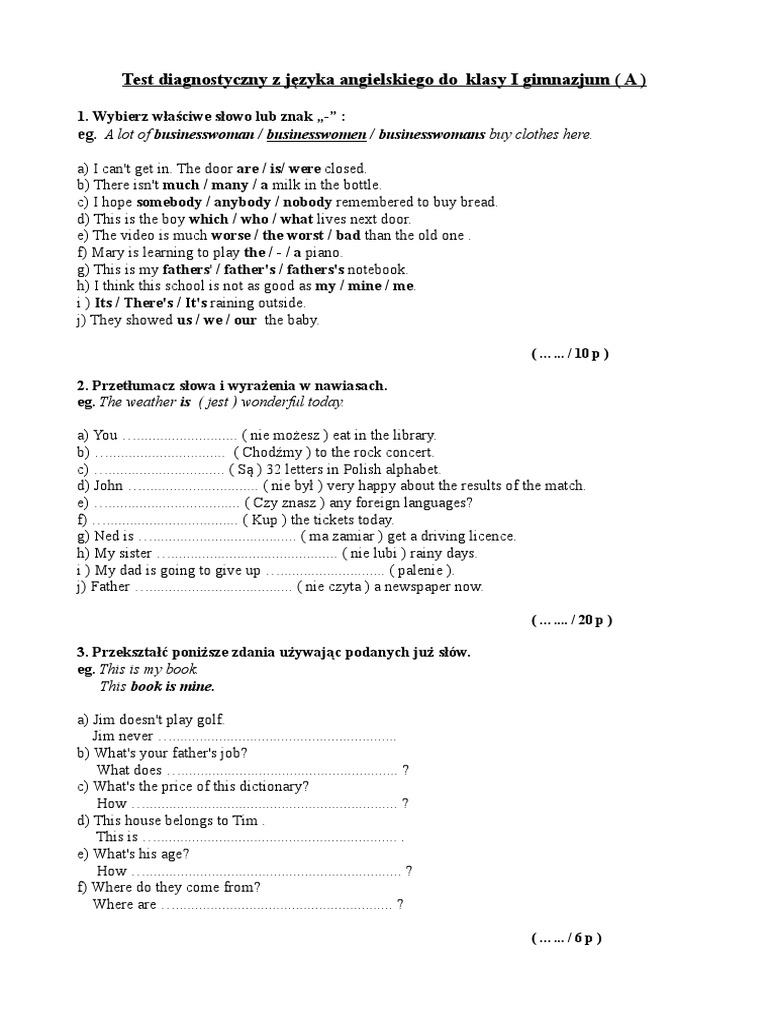 Test Diagnostyczny Z Języka Angielskiego Klasa 5 Pdf Test Diagnostyczny Z Języka Angielskiego Do Klasy I Gimnazjum (A) | PDF