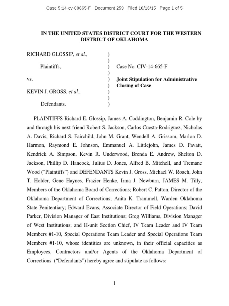 Glossip v. Gross Case Closure Agreement | PDF | Laches (Equity) | Complaint