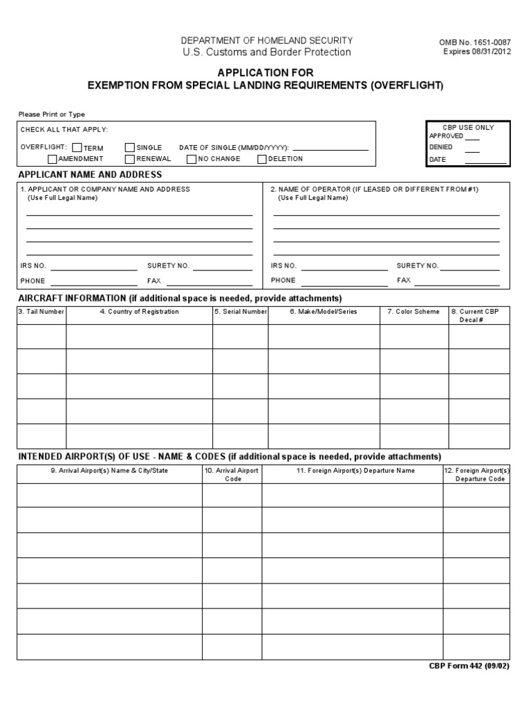 U.S. Customs Form: CBP Form 442 - Application For Exemption From 
