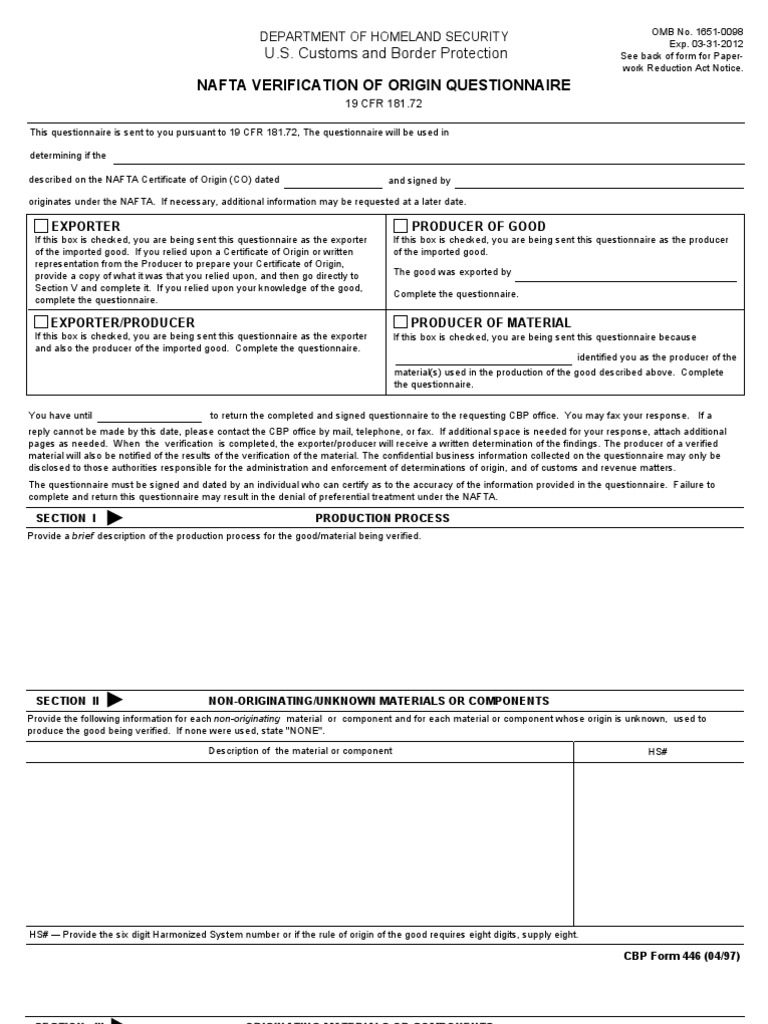 U.S. Customs Form: CBP Form 446 - NAFTA Verification of Origin ...