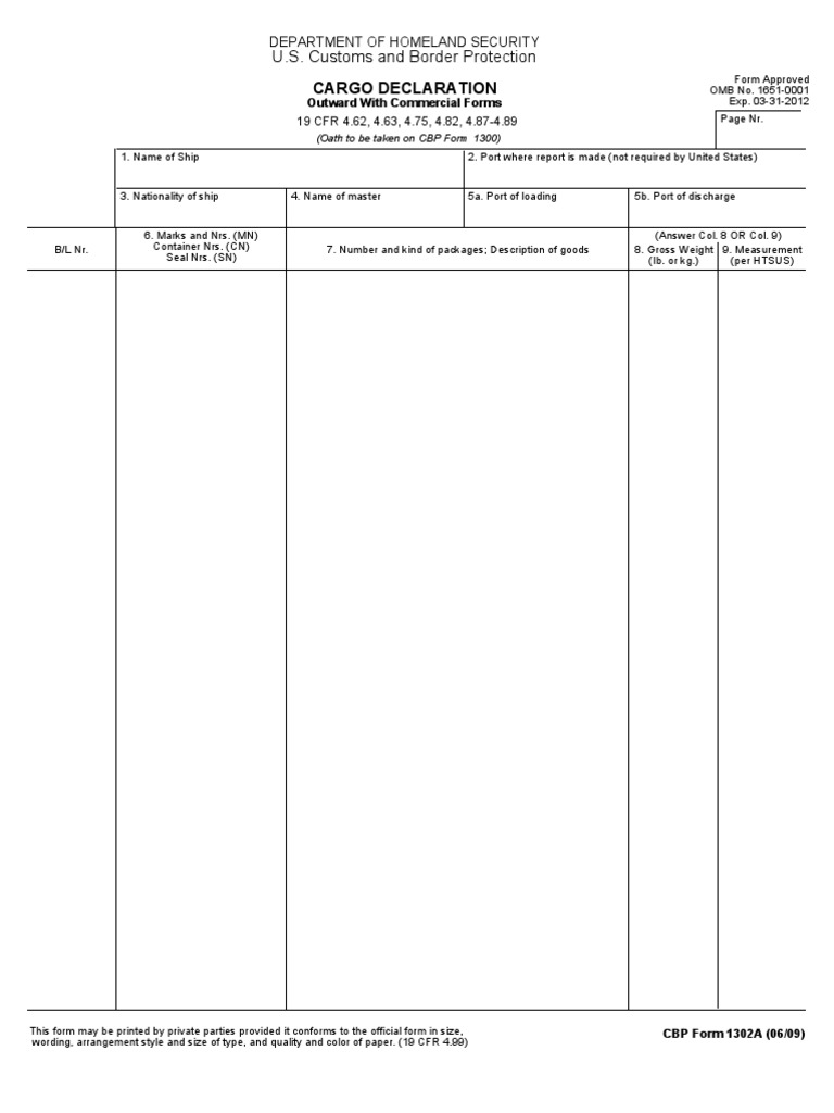 U.S. Customs Form: CBP Form 1302A - Cargo Declaration - Outward With ...