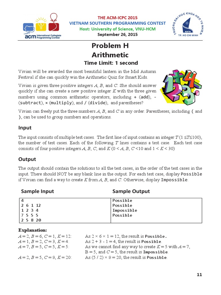 Problem H Arithmetic: Input | PDF | Teaching Methods & Materials