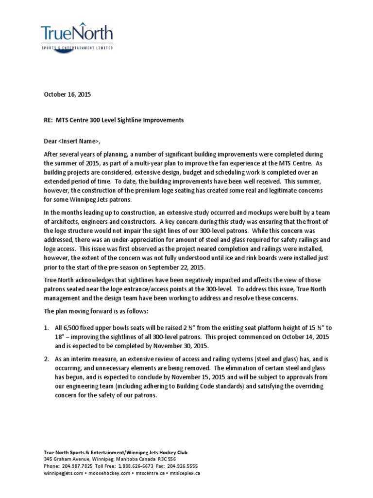 True North Sports and Entertainment Letter To 300 Level Fans PDF