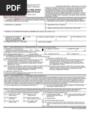 U S Customs Form Cbp Form 3299 Declaration For Free Entry Of Unaccompanied Articles Pdf U S Customs And Border Protection Customs