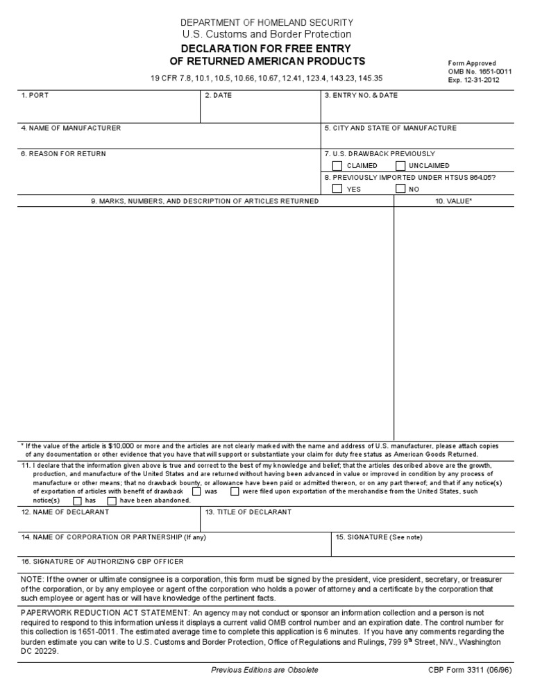 U.S. Customs Form CBP Form 3311 Declaration For Free Entry of