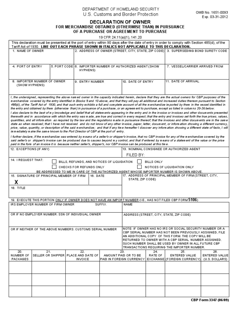 Owner Declaration for Customs Entry | PDF | U.S. Customs And Border ...