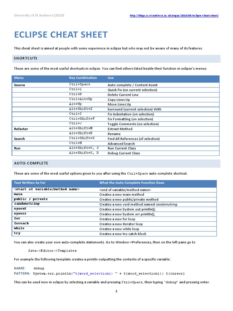 Eclipse Cheat Sheet: Shortcuts | PDF | Class (Computer Programming ...