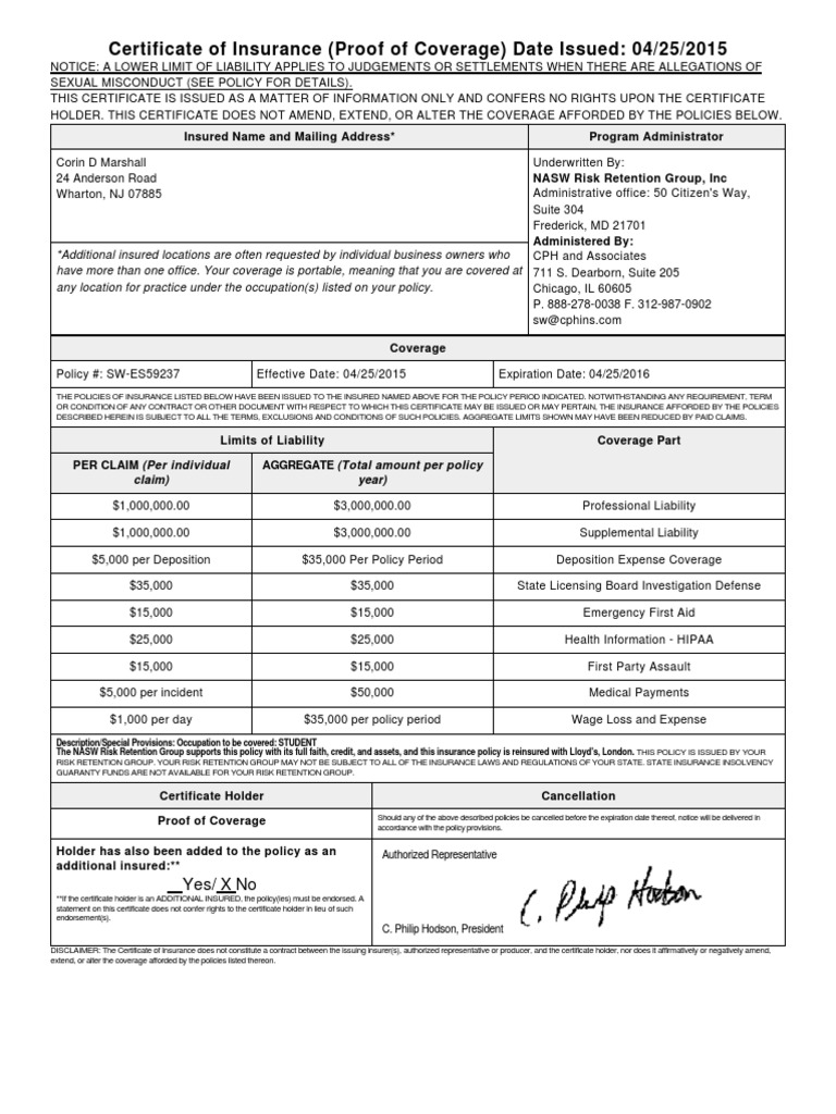 Certificate of Insurance (Proof of Coverage) Date Issued 04/25/2015