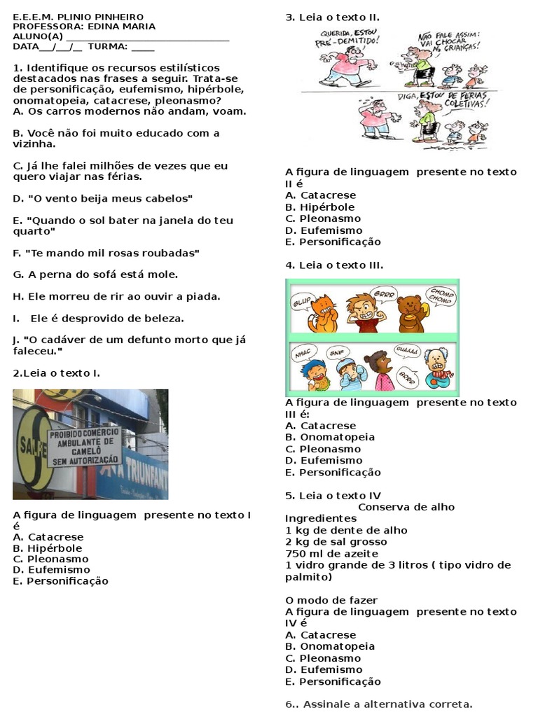 Exercicios Figuras de Linguagem | PDF | Técnicas de retórica | Metáfora