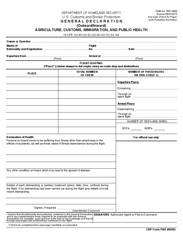 u.s. customs form: cbp form 7507 - general declaration agriculture