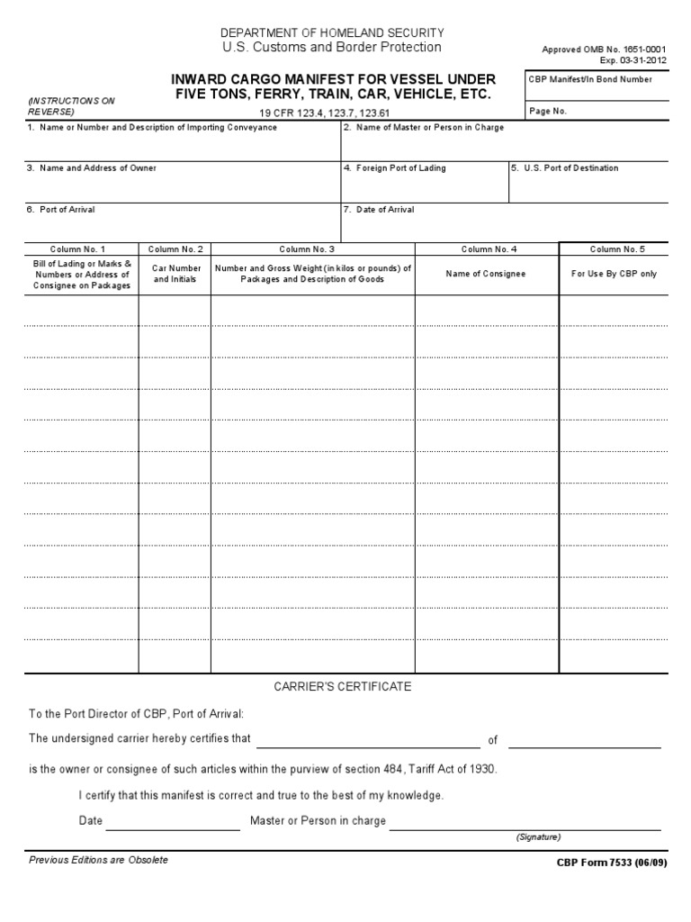 Inward Cargo Manifest Instructions | PDF | U.S. Customs And Border ...