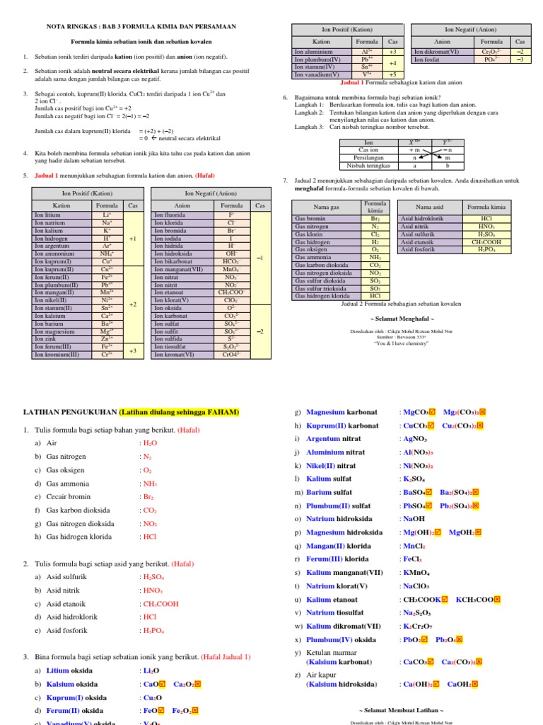 Bab 3 Latihan Menulis Formula Kimia Jawapan Pdf