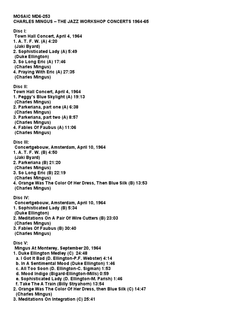 Charles Mingus - The Jazz Workshop Concerts 1964-65 Discography