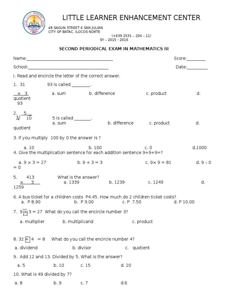 Grade 2 Math Exam Review | PDF