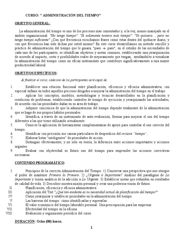 Curso de Administración del Tiempo Eficaz | PDF | Administración ...