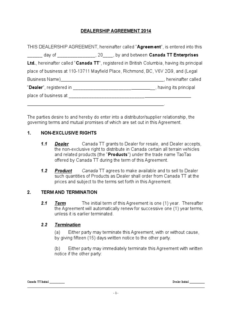 Dealership Agreement.doc Indemnity Confidentiality Free 30day