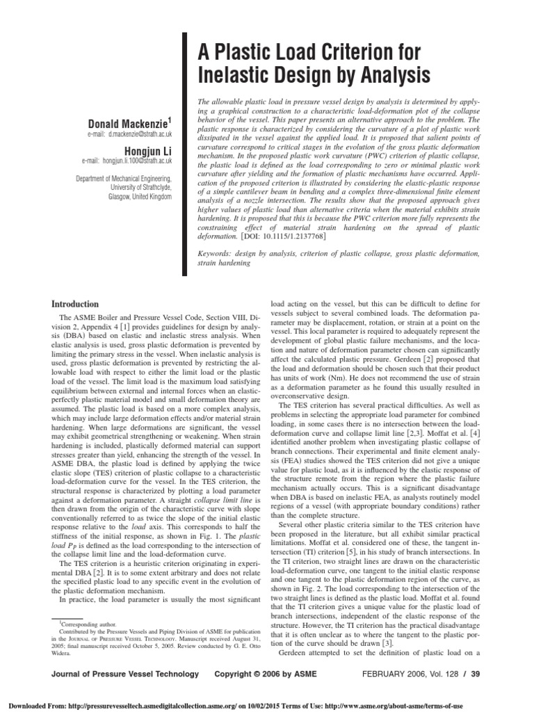 A Plastic Load Criterion For Inelastic Design by Analysis | PDF ...