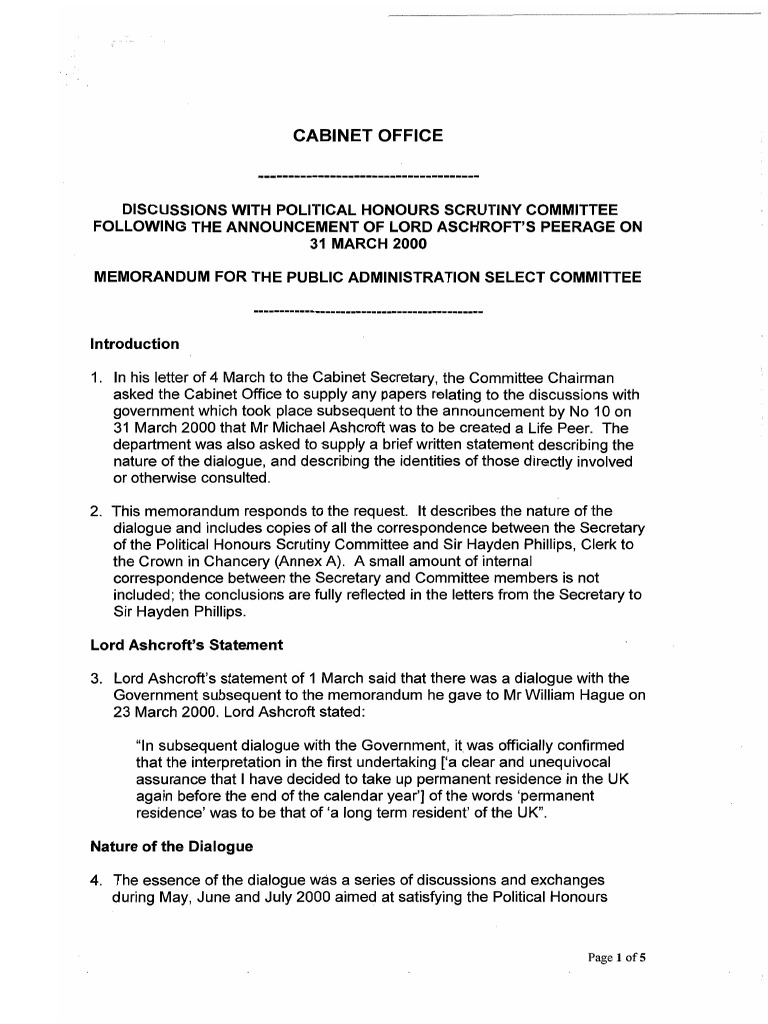 Office Memorandum On Lord Ashcroft PDF House Of Lords