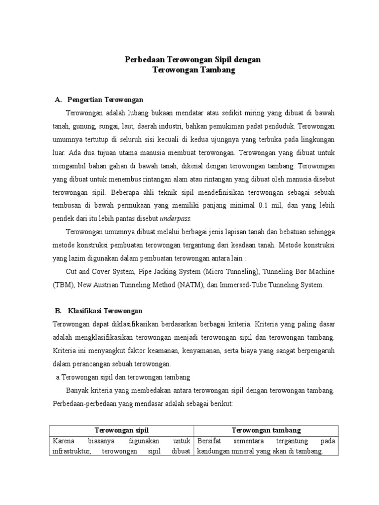 Tugas 1 Teknik Terowongan (Perbedaan Terowongan Sipil Dan Terowongan