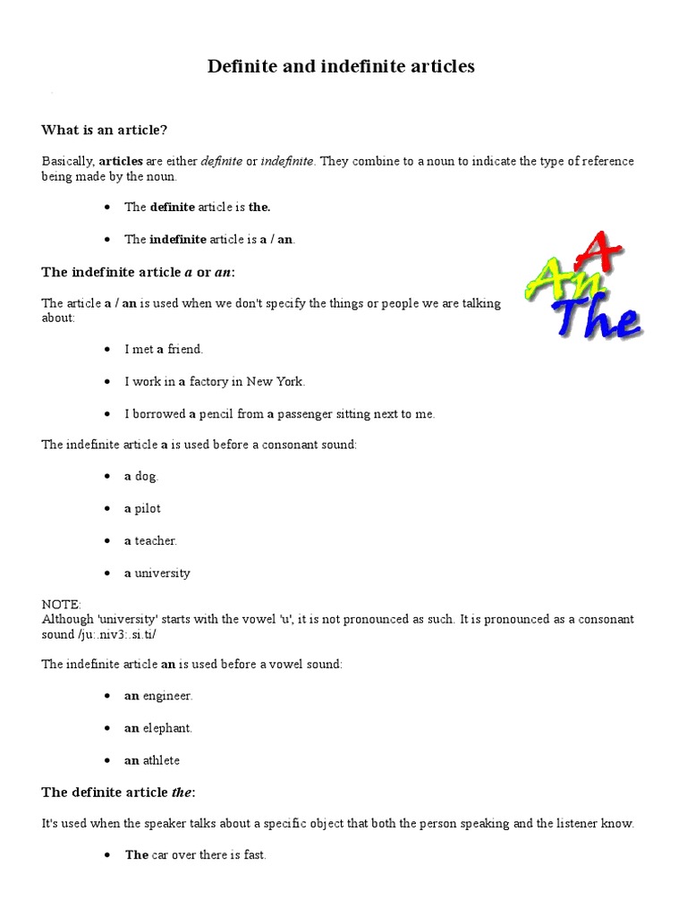 Definite and Indefinite Articles | PDF | Language Mechanics | Languages