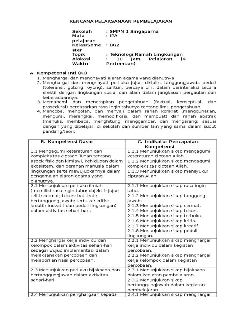 Contoh RPP Ipa Kelas 9 BAB9 KURTILAS