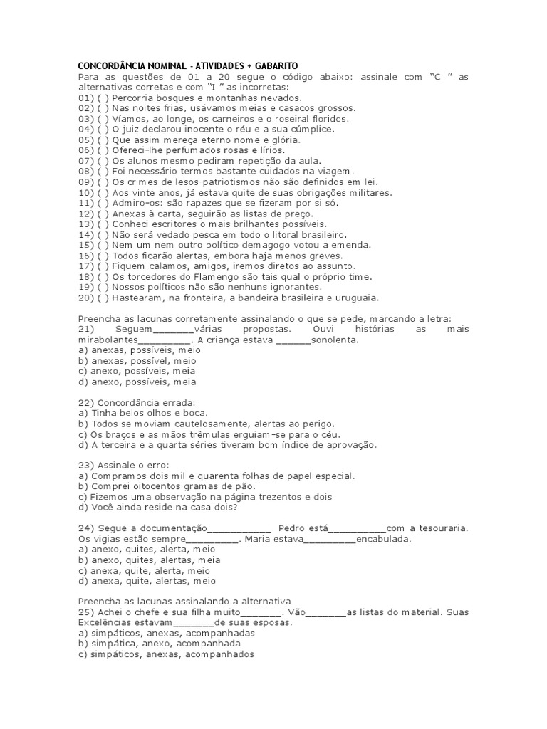 Exercícios de Concordância Nominal com Gabarito | PDF | Plural | Idiomas