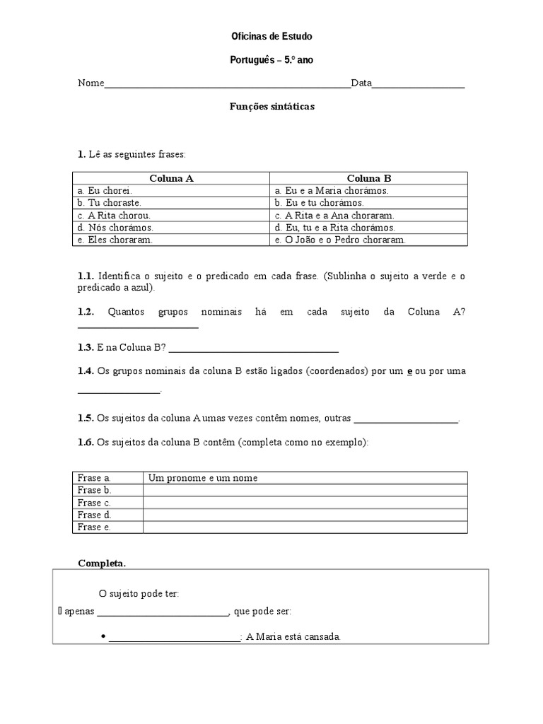 Funções sintáticas 5.º ano | Assunto (Gramática) | Predicado (Gramática)