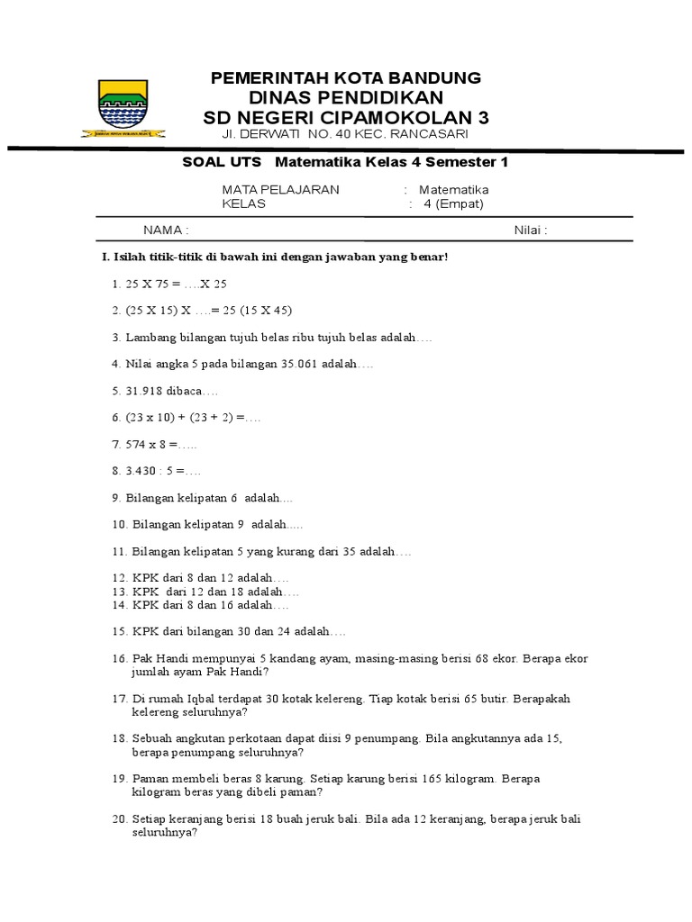 Soal Uts Matematika Kelas 4 Semester 1