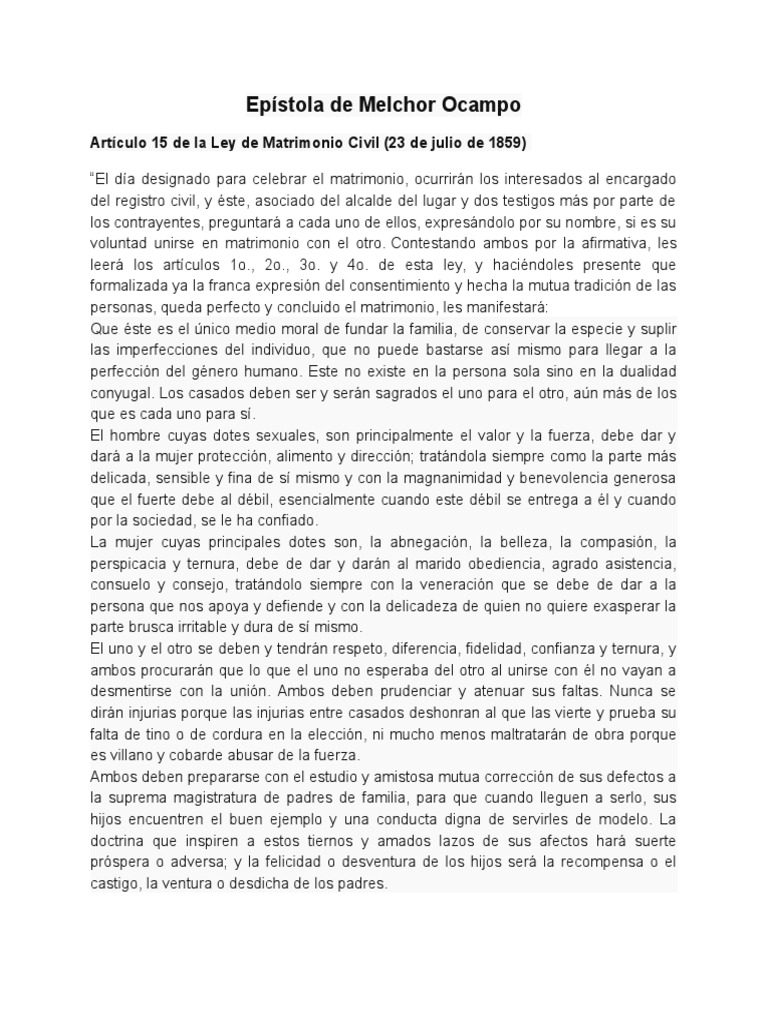 Epístola de Melchor Ocampo Matrimonio Instituciones sociales