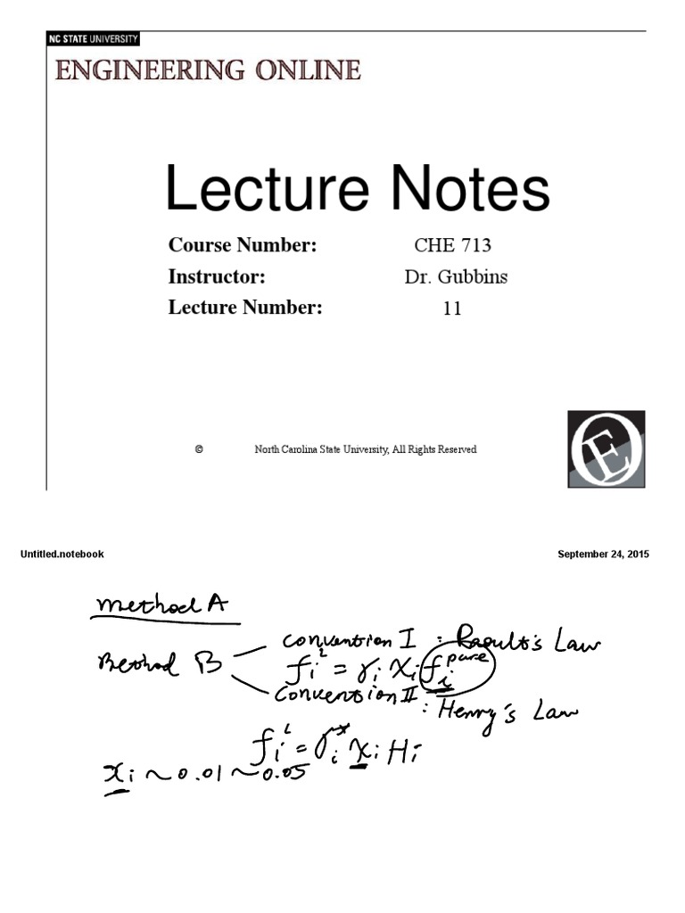 CHE 713 Lecture Notes - Dr. Gubbins | PDF | Self-Improvement