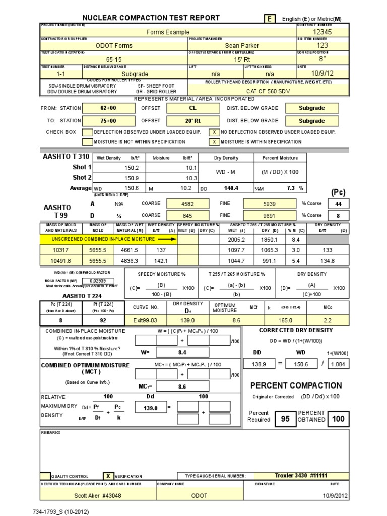 Nuclear Compaction Test Report: Forms Example ODOT Forms Sean Parker 65 ...