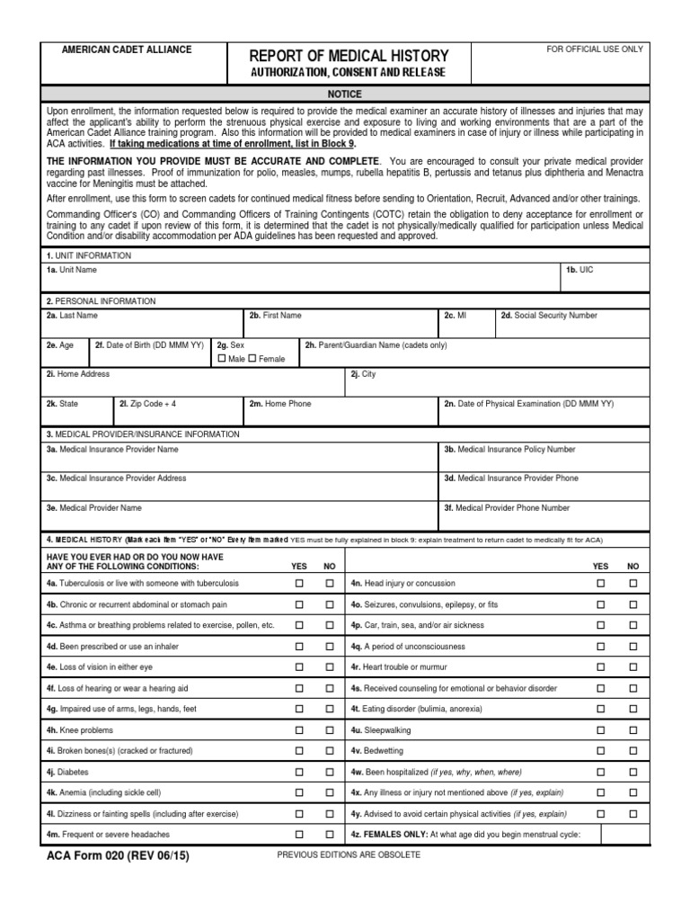 431055-ACA Form 020 Report of Medical History | PDF | Topical ...