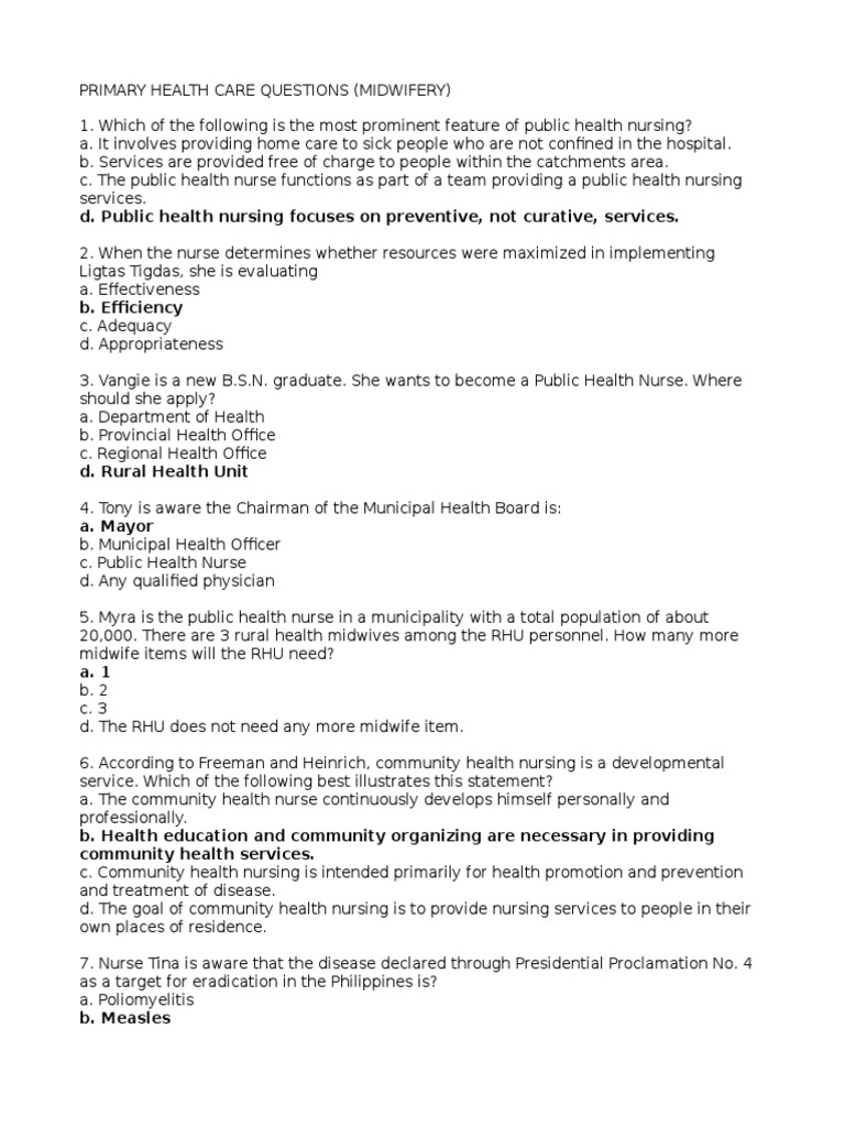 Primary Health Care MCQs for Midwifery | PDF | Preventive Healthcare ...
