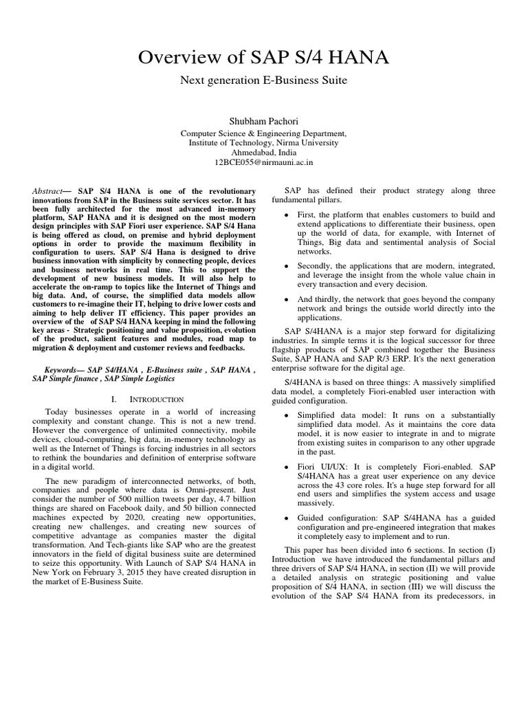 Overview of SAP S/4 HANA PDF Sap Se Enterprise Resource Planning
