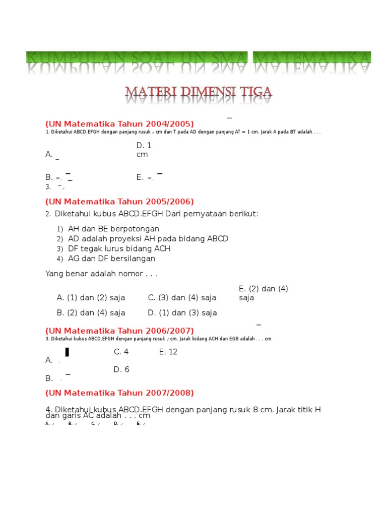 Kumpulan Soal Un Matematika Materi Dimensi Tiga