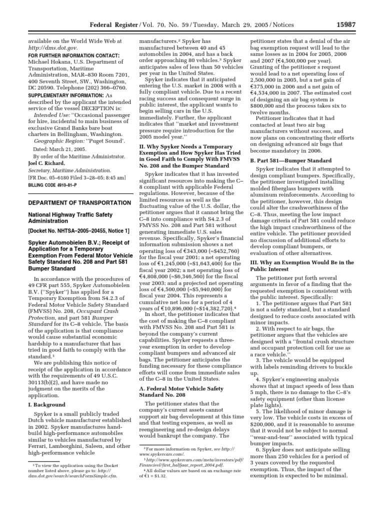 Notice: Motor Vehicle Safety Standards: Exemption Petitions, Etc ...
