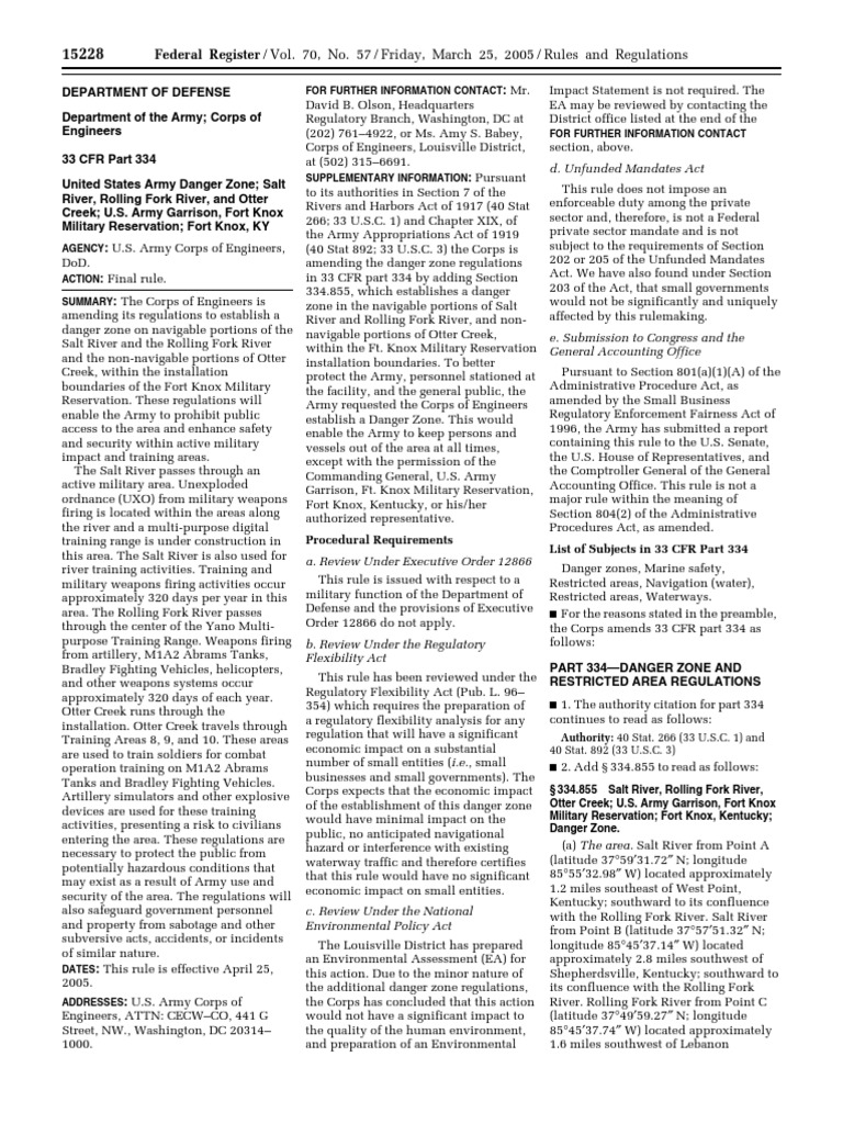 Rule: Danger Zones and Restricted Areas: Fort Knox, KY Salt River ...