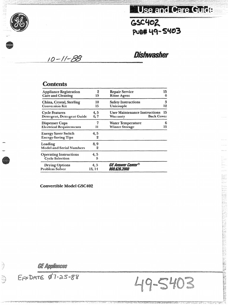 GE Dishwasher Manual | Dishwasher | Domestic Implements | Free 30-day