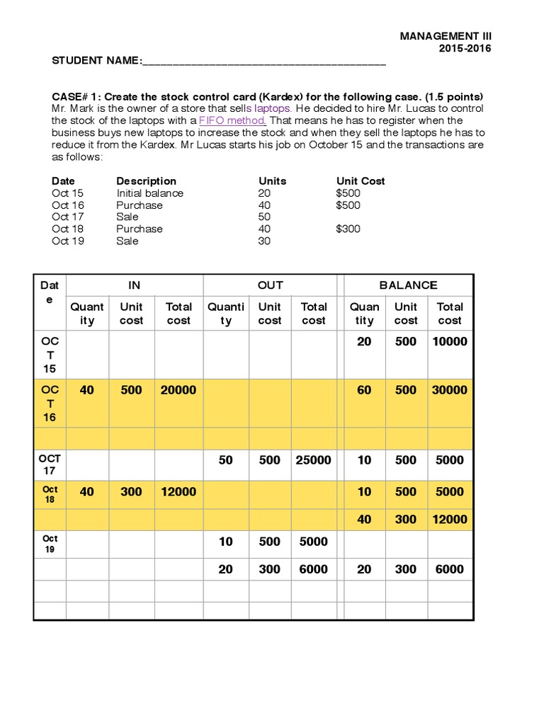 FIFO Method: Management Iii 2015-2016 STUDENT NAME | PDF | Finance ...
