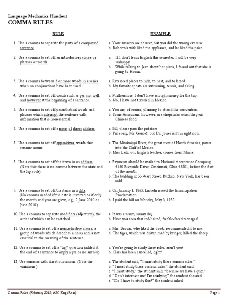 worksheet Comma Rules Worksheet comma rules and practice sentence linguistics