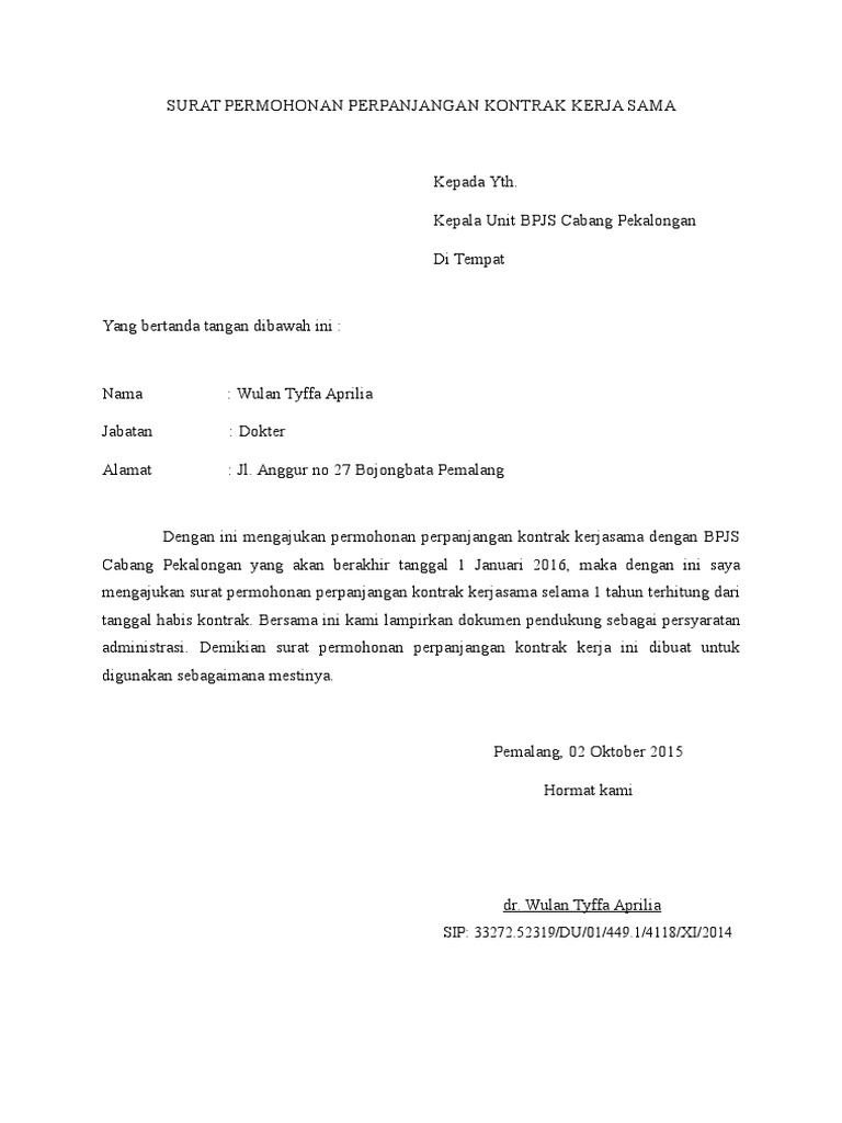 Surat Permohonan Perpanjangan Kontrak Kerja Sama Surat Permohonan Perpanjangan Kontrak Kerja Sama
