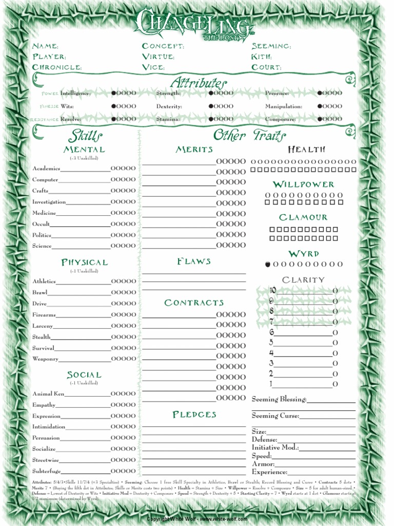 Changeling The Lost Character Sheet Role Playing Cognitive Science