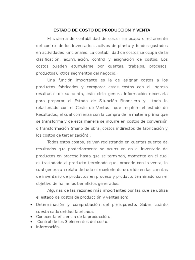 Estado de Costos de Producción y Ventas | PDF | Costo | Economias