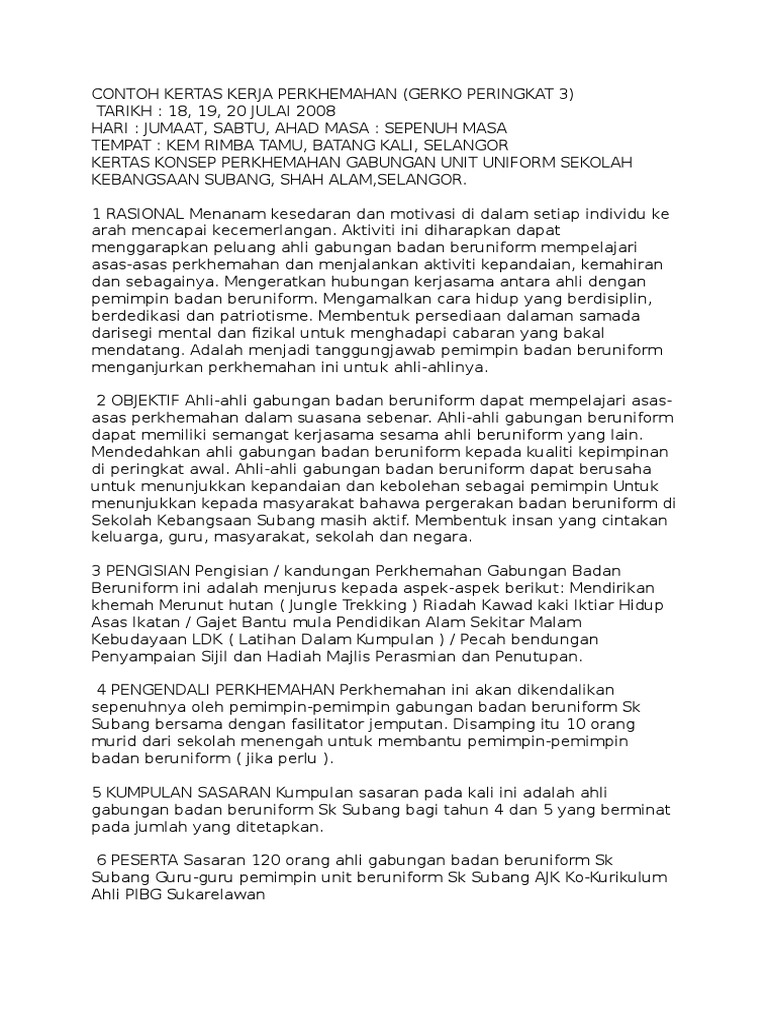 Contoh Kertas Kerja Perkhemahan Pdf